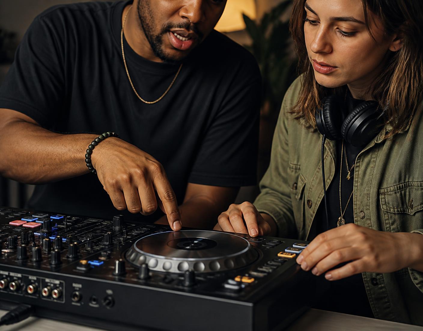 DJ erklärt einer Teilnehmerin die Bedienung eines DJ-Controllers